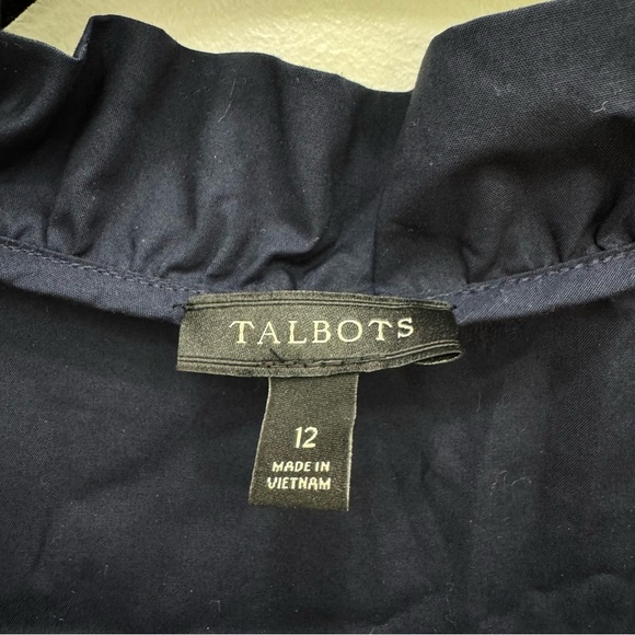Talbots navy blue ruffle neck button-down, long sleeve shirt dress Sz 12 - Picture 4 of 6